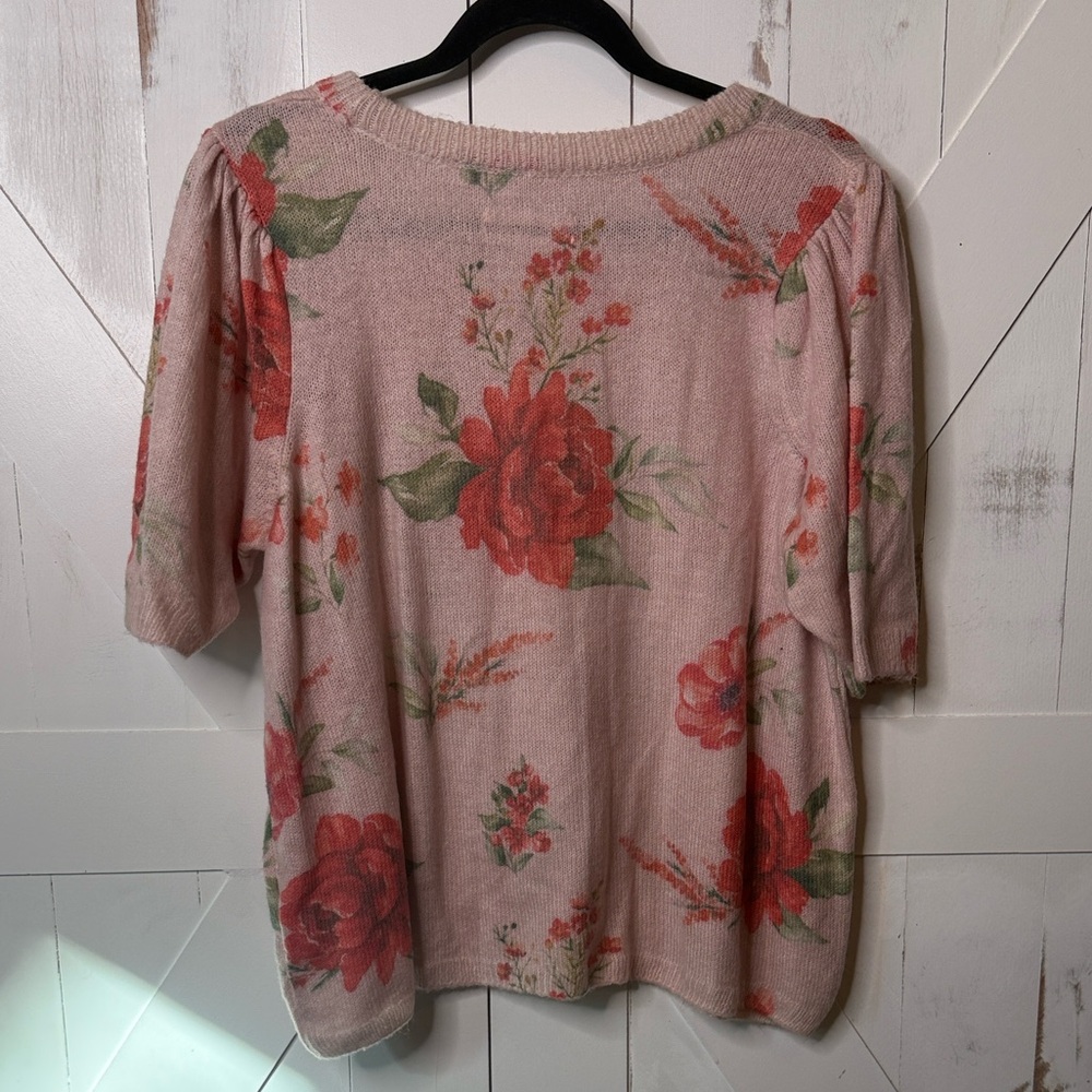 Anthropologie Pink Floral Rose Crew Neck Short Sleeve Sweater - Picture 4 of 7